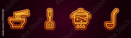 Set line Asian noodles in bowl, Spatula, Cooking pot on fire and Kitchen ladle. Glowing neon icon. Vector