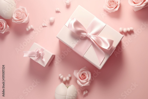 Mother's Day gift boxes with ribbon bows white and pink roses small hearts pink background with copy space, Generative AI 