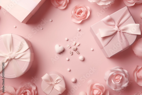 Happy Mother's Day decorations concept. Top view photo of stylish gift boxes with ribbon bows white and pink roses small hearts pink background with copy space, Generative AI 