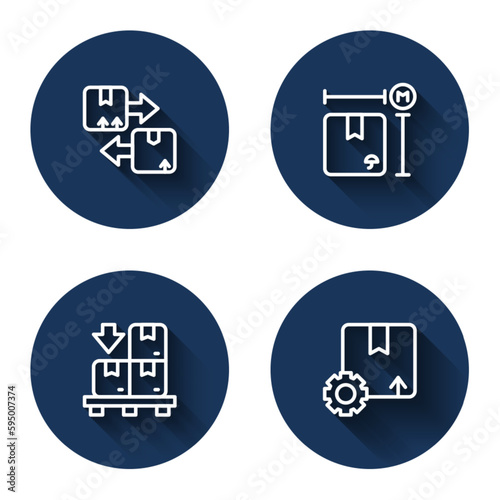 Set line Cardboard box with traffic symbol, measurement, boxes on pallet and Gear package with long shadow. Blue circle button. Vector