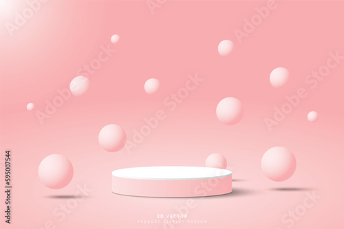 Abstract white pink 3d cylinder podium pedestal or stage for show product with balls floating or bouncing up and down on the air. Round 3D stage scene for showcase. Vector geometric platforms design.