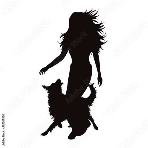 Vector silhouette of running woman with her happy dog on white background.