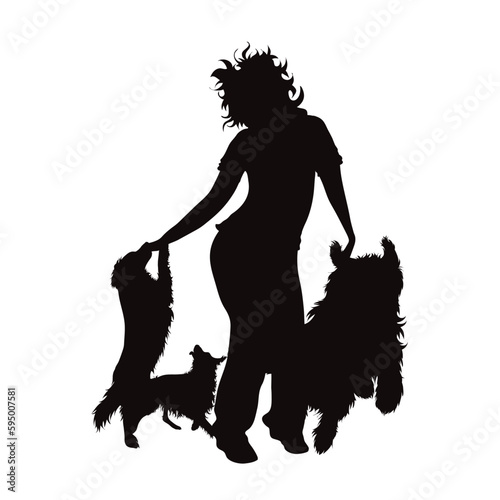 Vector silhouette of dancing woman with her happy dogs on white background.