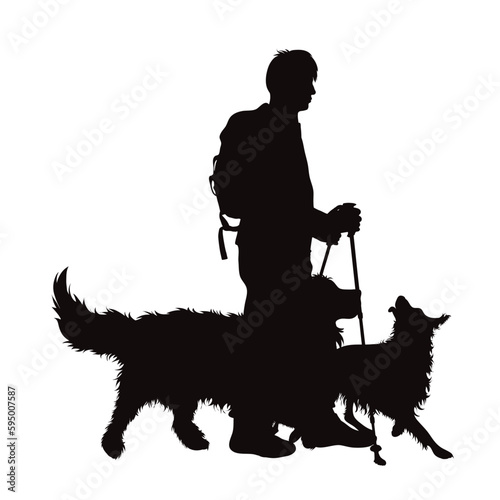 Vector silhouette of man with nordic walking sticks and with his happy dogs on white background.