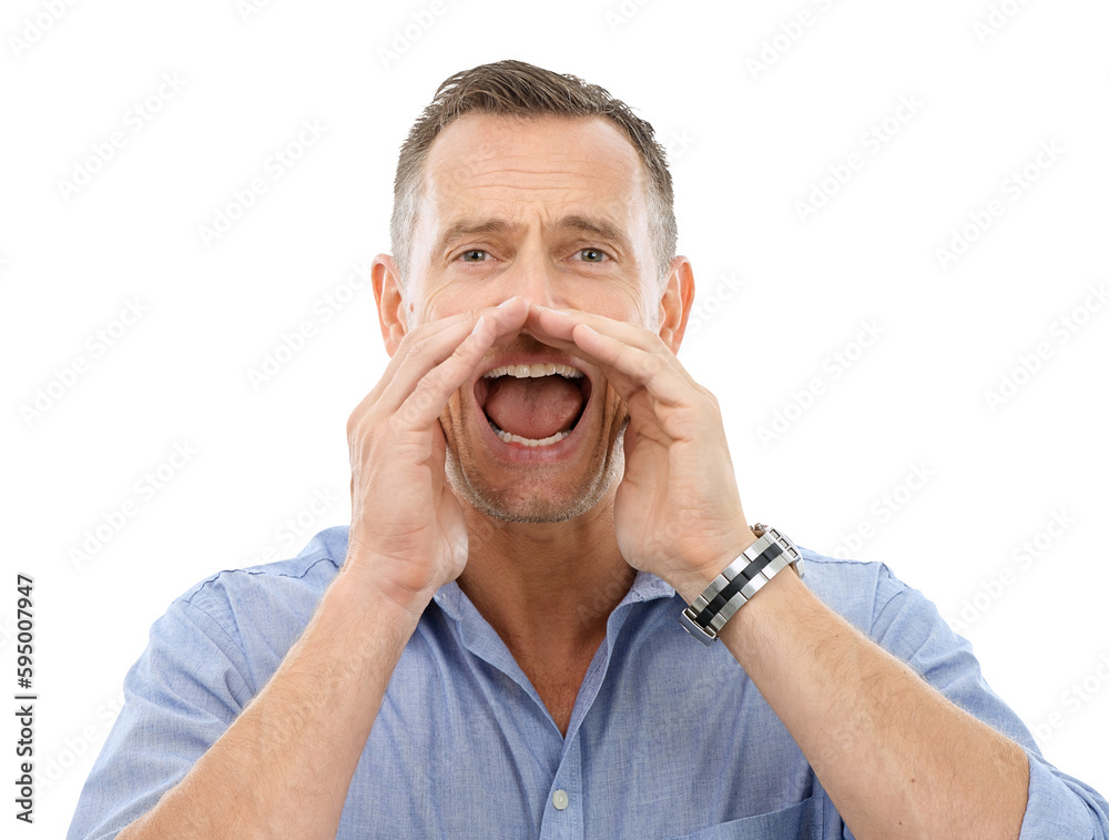 Shouting, portrait or crazy businessman with a loud announcement screaming or yelling for sales promotion. Voice opinion, talk or mature person in communication isolated on transparent png background Shouting, portrait or crazy businessman with a loud announcement screaming or yelling for sales promotion. Voice opinion, talk or mature person in communication isolated on transparent png background