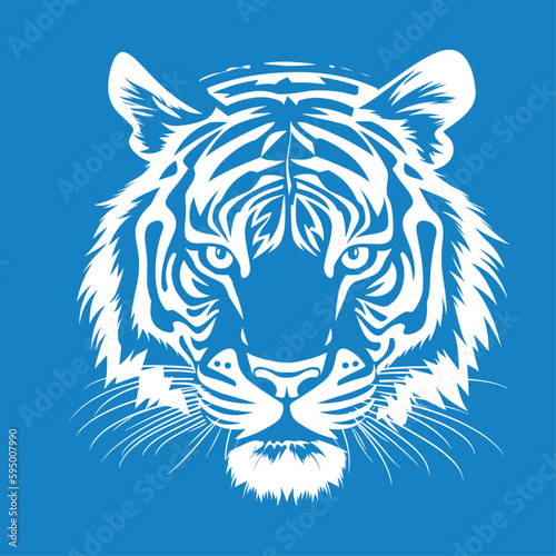 Vector illustration of wild animal. Hand drawn silhouette. Blue background, tiger engraving illustration	
