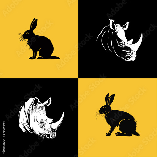 Vector illustration of wild animals. Hand drawn silhouette. Engraving illustration rabbits and rhinos.	
