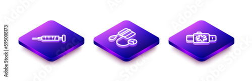 Set Isometric line Syringe, Blood pressure and Smart watch with heart icon. Vector