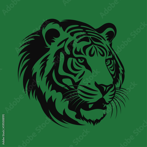 Vector illustration of wild animal. Hand drawn silhouette. Black tiger engraving illustration, green background	