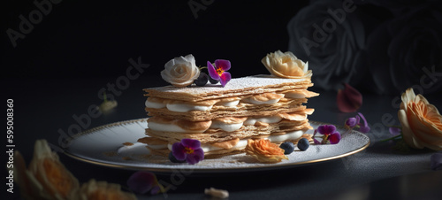 Mille-feuille with flowers. photo