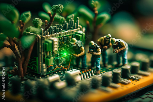 Group of  technician figurines doing maintenance on a biocomputer motherboard. Generative AI technology concept.