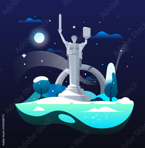 Illustration of Mother Motherland Monument in winter. Ukraine, Kyiv, Motherland