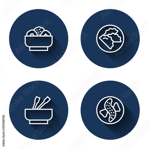 Set line Chow mein on plate, Dumpling, Asian noodles bowl and Served cucumber with long shadow. Blue circle button. Vector