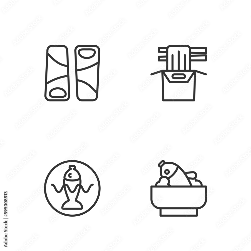 Set line Rice with fish in a bowl, Served on plate, Guotie and Asian noodles paper box icon. Vector Set line Rice with fish in a bowl, Served on plate, Guotie and Asian noodles paper box icon. Vector