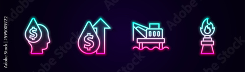 Set line Oil drop with dollar symbol, price increase, platform the sea and rig fire. Glowing neon icon. Vector