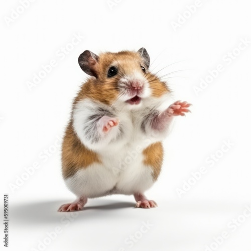 Adorable gerbil hamster dancing joyfully with a cheerful expression, isolated on a white background. The friendly furry rodent exudes happiness and playfulness, generative ai