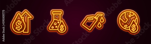 Set line Oil price increase, petrol test tube, Canister for motor machine oil and drop with dollar symbol. Glowing neon icon. Vector