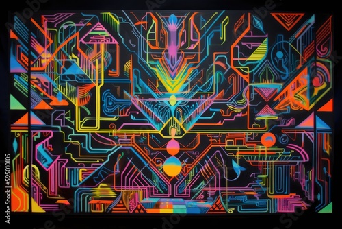 blacklight and uv reactive painting of abstract, geometric shapes, created with generative ai photo