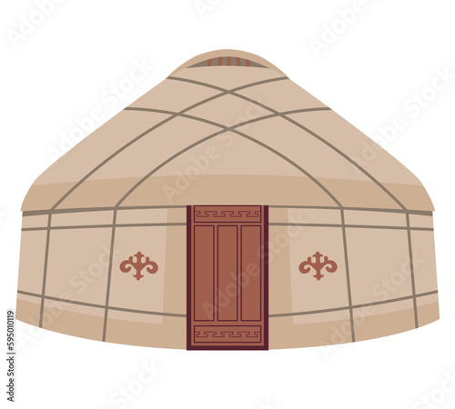 Yurt with national ornament. Vector illustration isolated on white background. National dwelling of the nomadic peoples of Asia. Traditional house for the inhabitants of Mongolia Kazakhstan Kyrgyzstan