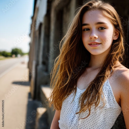 Beautiful caucasian teenager smiling happy standing outdoor. Generative AI