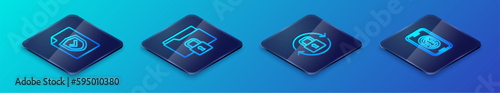 Set Isometric line Lock, Contract with shield, Mobile fingerprint scanner and Folder and lock icon. Vector