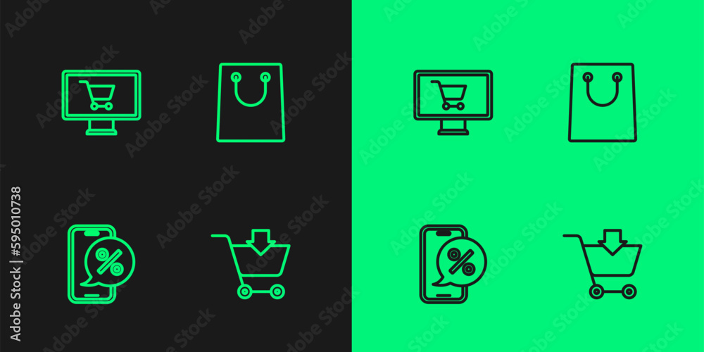 Set line Add to Shopping cart, Percent discount on phone, monitor and Paper shopping bag icon. Vector