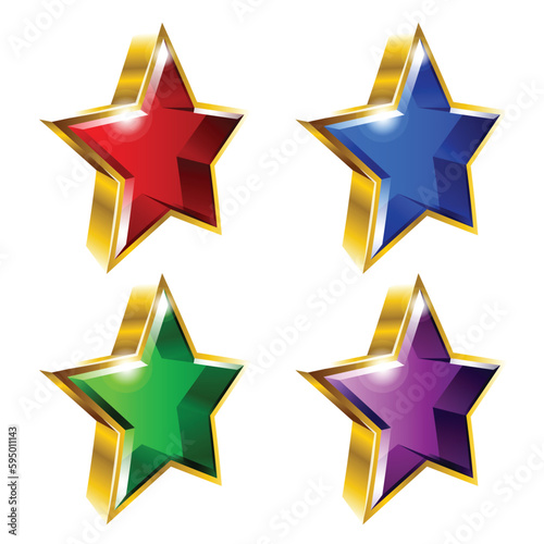 Set of shiny golden star icons in 3D style and different colors. Vector illustration. Ideal for logo design element  sticker  badge  ads and any kind of decoration.