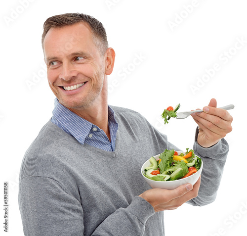Healthy, eating salad or happy man looking away with a smile isolated on transparent png background. Food, hungry or mature person with vegan diet meal to lose weight, nutrition vitamins or wellness