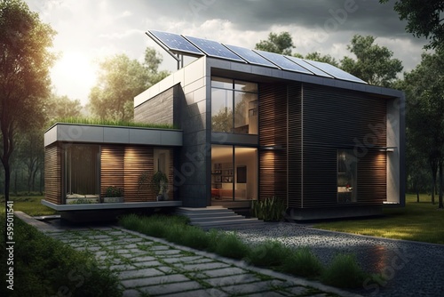 modern, eco-friendly home with solar panels and rainwater catchment system, created with generative ai photo