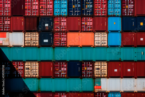 Colorful cargo containers stacked at the dock of a cargo freight ship. Generative AI.