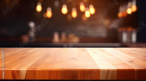 Empty wooden table for product placement or montage with focus to the table top, blurred bokeh background. Generative ai Edited