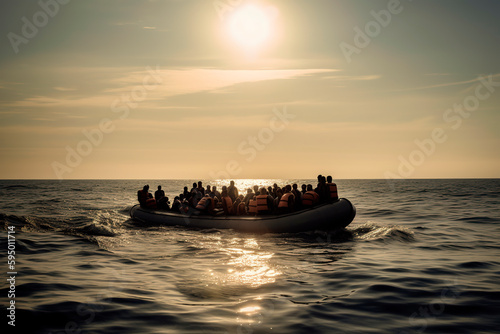 Valokuva migrants on boat in mediterranean sea warm summer heat