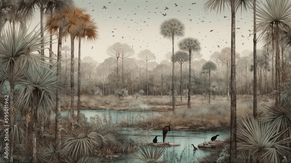 Fototapeta Sall Collection · Weathered Landscape · Wallpaper · Mural · Mystical Land ·  Serene Nature Illustration