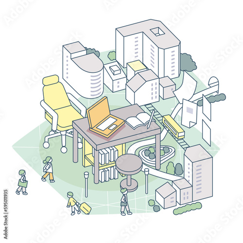 Office Views of Cityscapes and Papers Fluttering