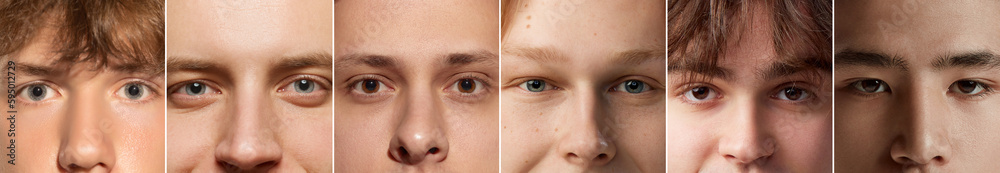 Obraz premium Collage. Set of close-up male faces of different age, looking at camera. Models with clear, healthy, spotless skin. Concept of men's health, beauty, skin care, hygiene and male cosmetology