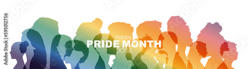 Happy Pride Month banner. Different people stand side by side together. 