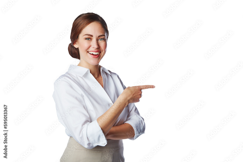 Portrait, woman and smile of worker pointing while isolated on transparent png background. Excited female employee advertising business promotion, review and presentation of deal, vote or information Portrait, woman and smile of worker pointing while isolated on transparent png background. Excited female employee advertising business promotion, review and presentation of deal, vote or information
