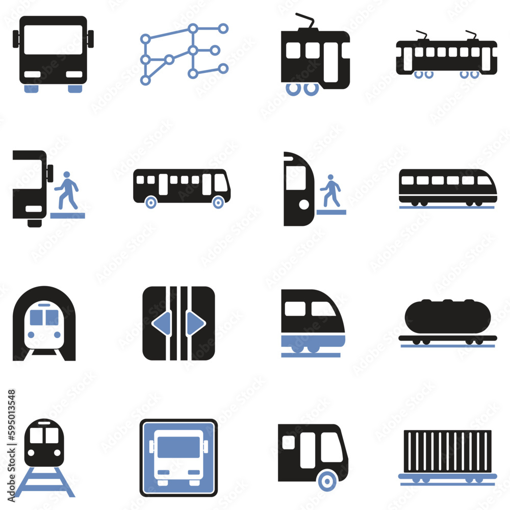 Bus And Train Icons. Two Tone Flat Design. Vector Illustration. Bus And Train Icons. Two Tone Flat Design. Vector Illustration.