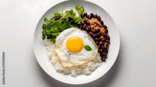 plate of rice with beans and fried egg, isolated, white background, generated by ai
