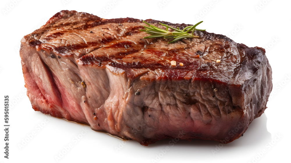piece of well-roasted beef steak, juicy and delicious, isolated, white background, generated by ai