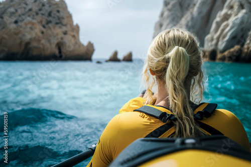 Kayaking in the Pristine Waters of Costa Brava: An Adventurous Blonde Woman's Journey, ai generative