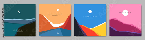 Vector illustration. Minimalistic geometric landscapes collection. Mid century modern graphic. Hills by lake, sunset, night scene. Design elements for social media banner, web template