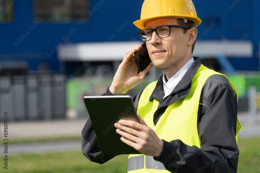 Engineer with phone and digital tablet on a background of logistic center Engineer with phone and digital tablet on a background of logistic center