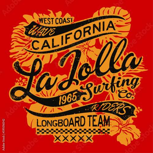 La Jolla California surfing company wave riders grunge vintage vector print for summer shirt wear