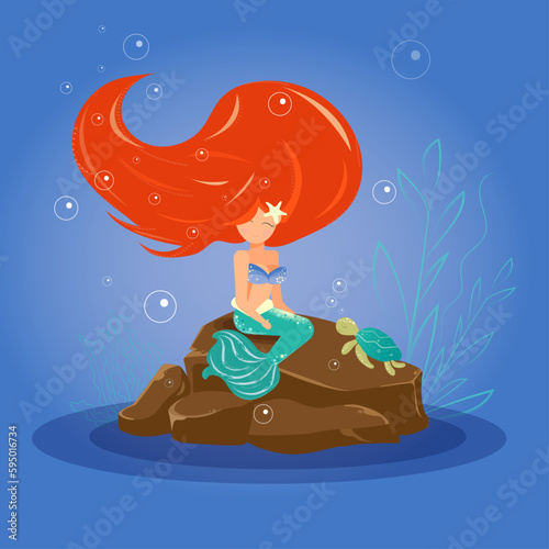 Mermaid on stones underwater with red hair and turtle in watercolor style