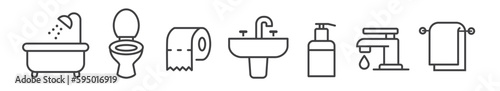 Bathroom, toilet and sink - thin line icon collection on white background