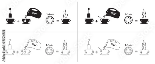 Tea brew instruction icons. Set of outlined tea icons. Tea making instruction, guidelines. How to make tea. Package design element. Design element template.Vector Illustration