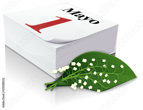 Картината върху платно 3D paper diary on the page of May Day written in Spanish with a sprig of lily of