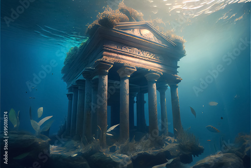Illustration of the ruins of the Atlantis civilization. Underwater ruins AI