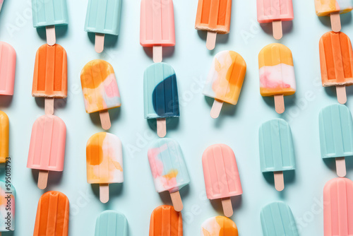 Fruit popsicle ice cream sticks on soft blue background, flat lay top view. Minimalistic summer concept. Generative AI